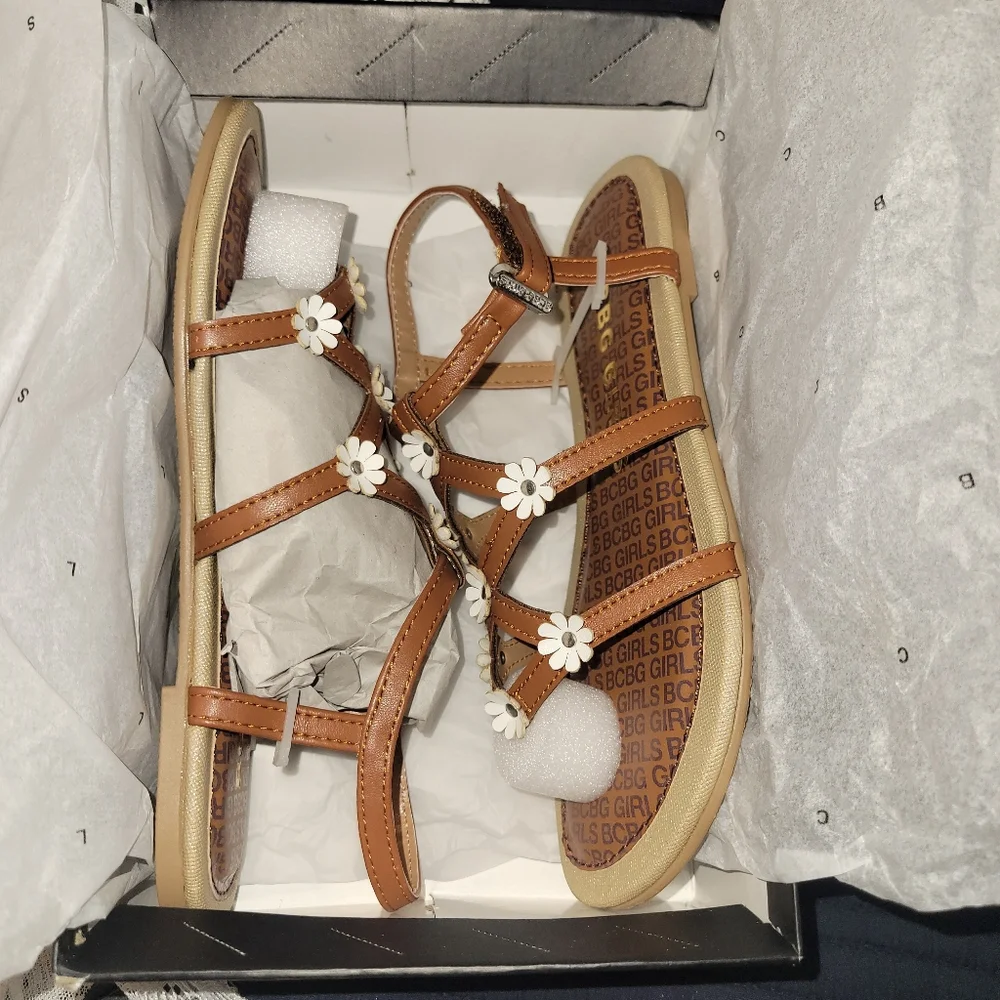 BCBG Girls Brown Sandals with White Floral Accents. New In Box